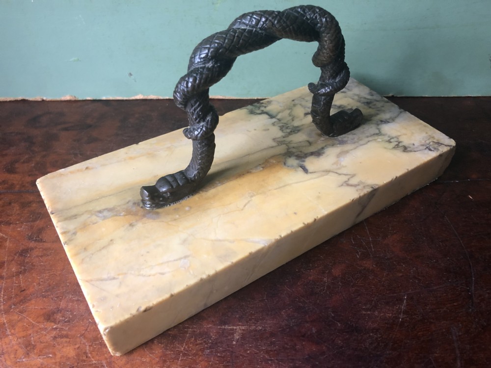 Mid C19th Italian giallo antico marble rectangular paperweight with bronze handle,  View IX