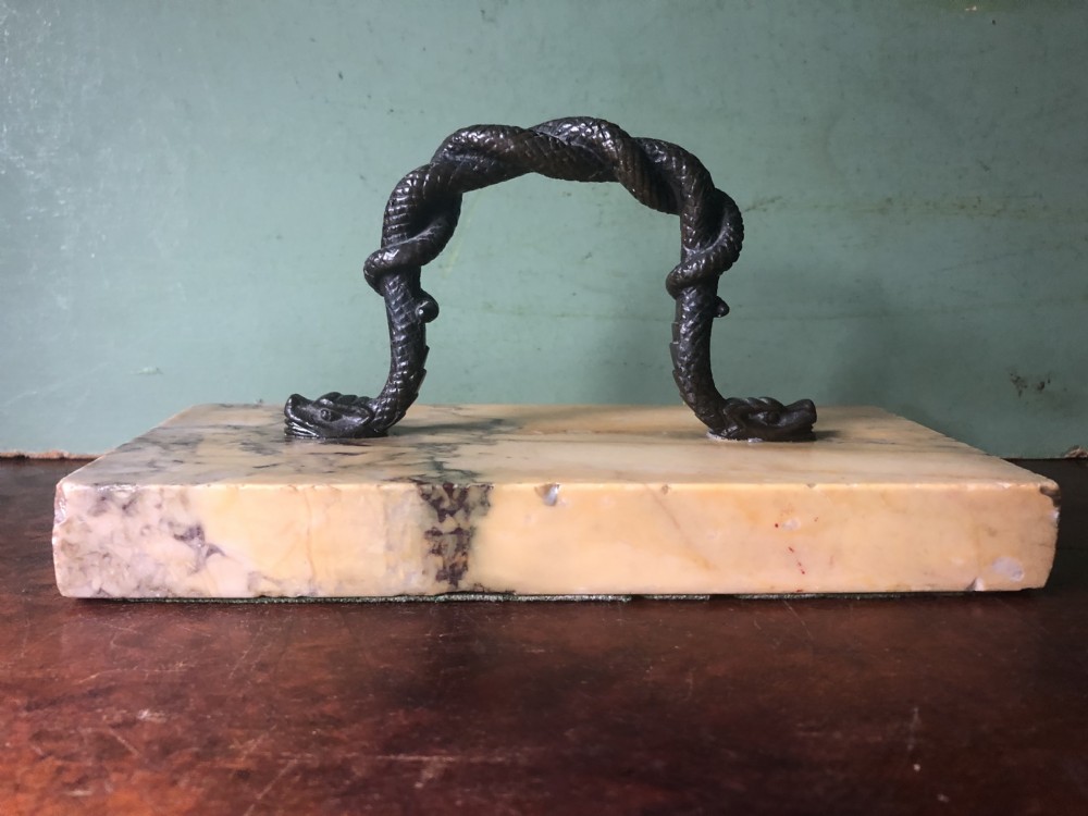 Mid C19th Italian giallo antico marble rectangular paperweight with bronze handle,  View X