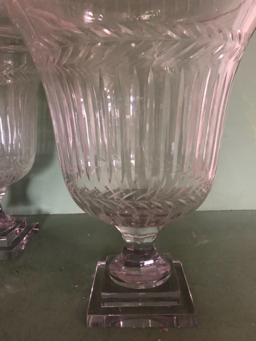 Impressive large-scale pair of early C19th Regency period cut-glass and etched ‘bon -bon’ jars or fruit-coolers . View II