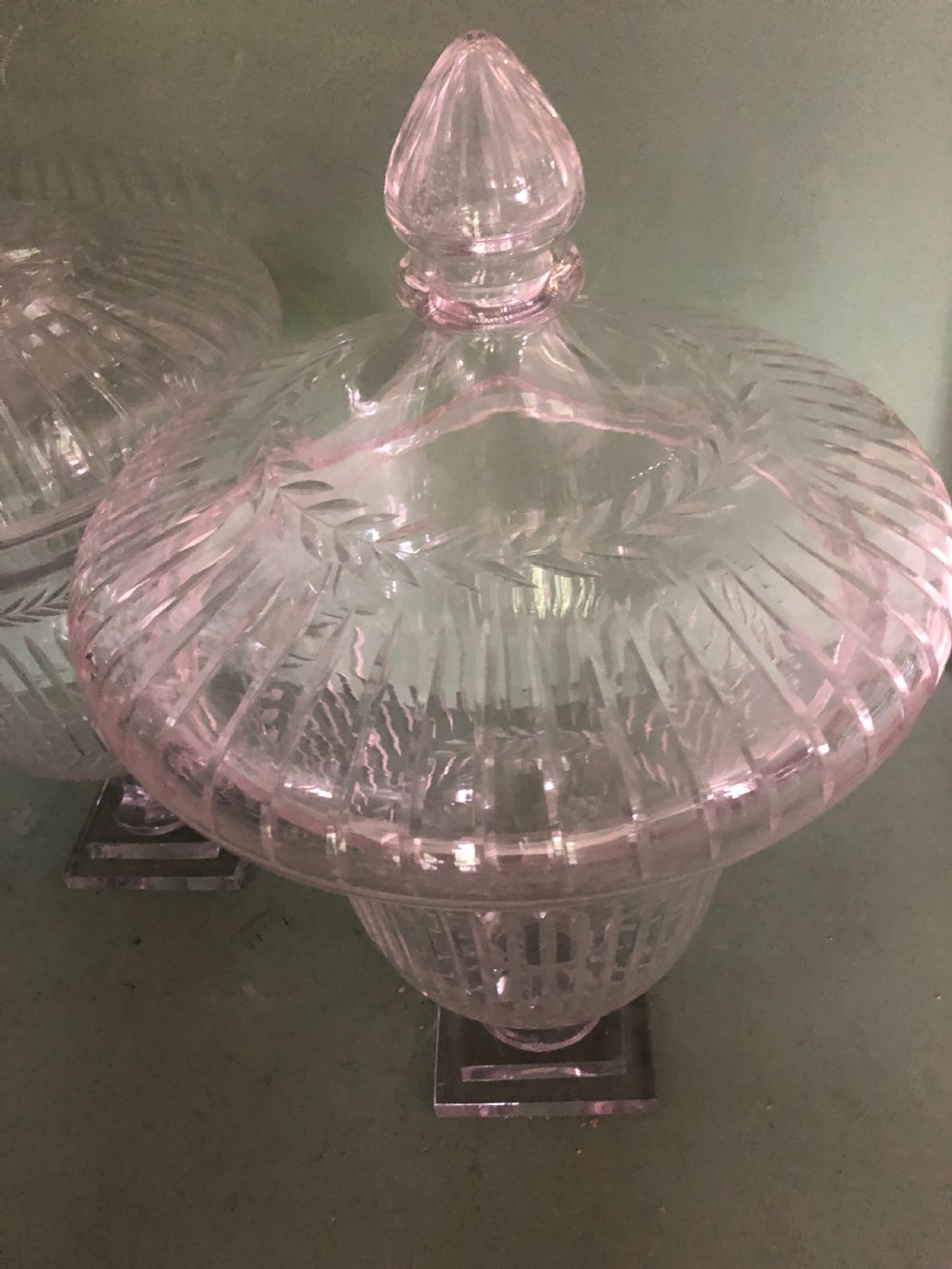 Impressive large-scale pair of early C19th Regency period cut-glass and etched ‘bon -bon’ jars or fruit-coolers . View III
