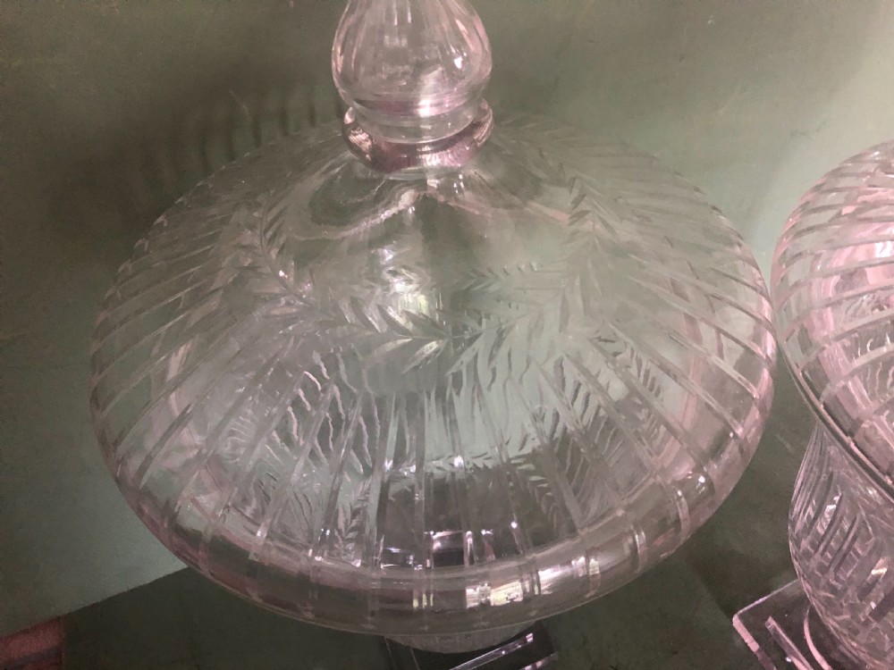 Impressive large-scale pair of early C19th Regency period cut-glass and etched ‘bon -bon’ jars or fruit-coolers . View IV