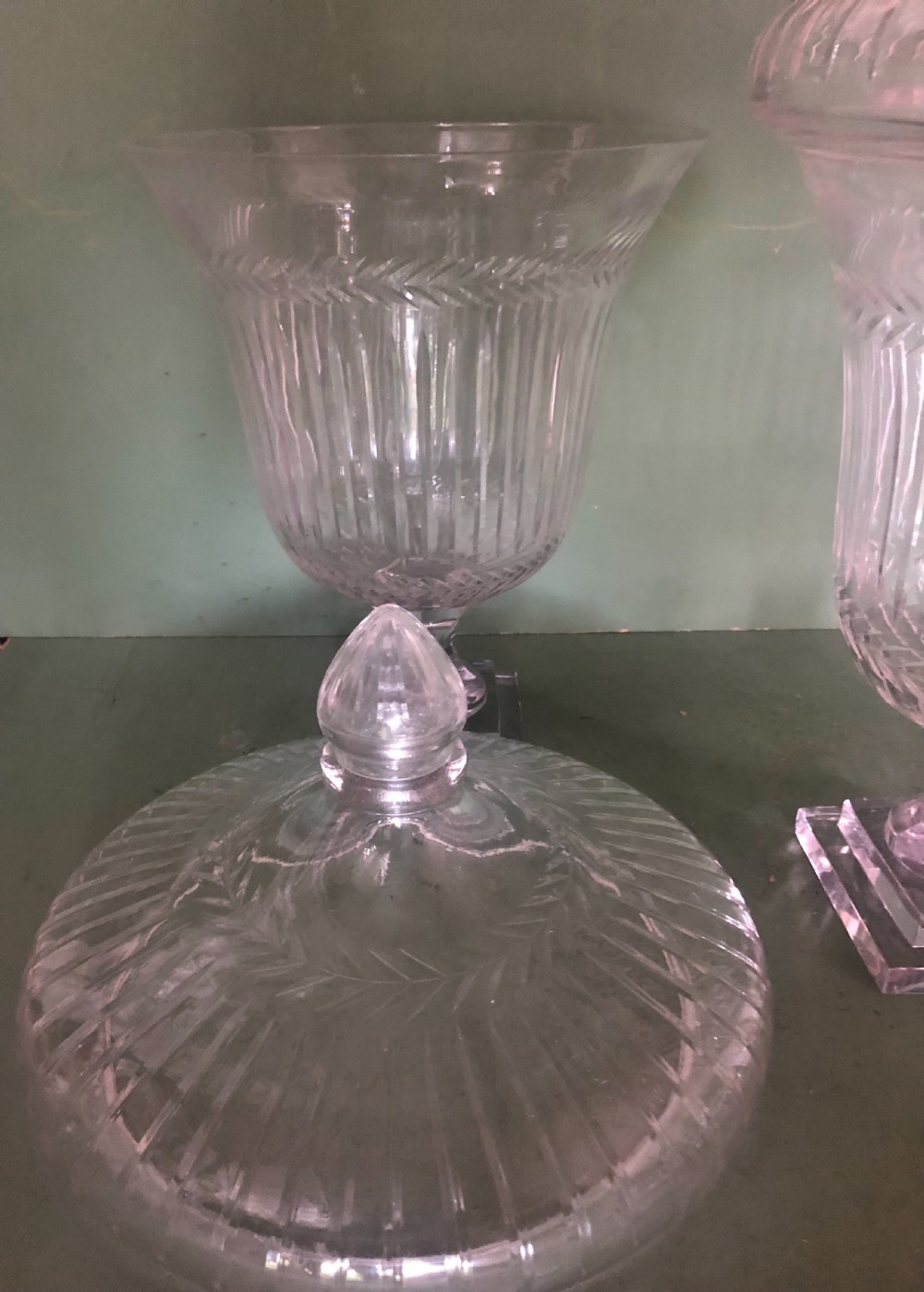 Impressive large-scale pair of early C19th Regency period cut-glass and etched ‘bon -bon’ jars or fruit-coolers . View V