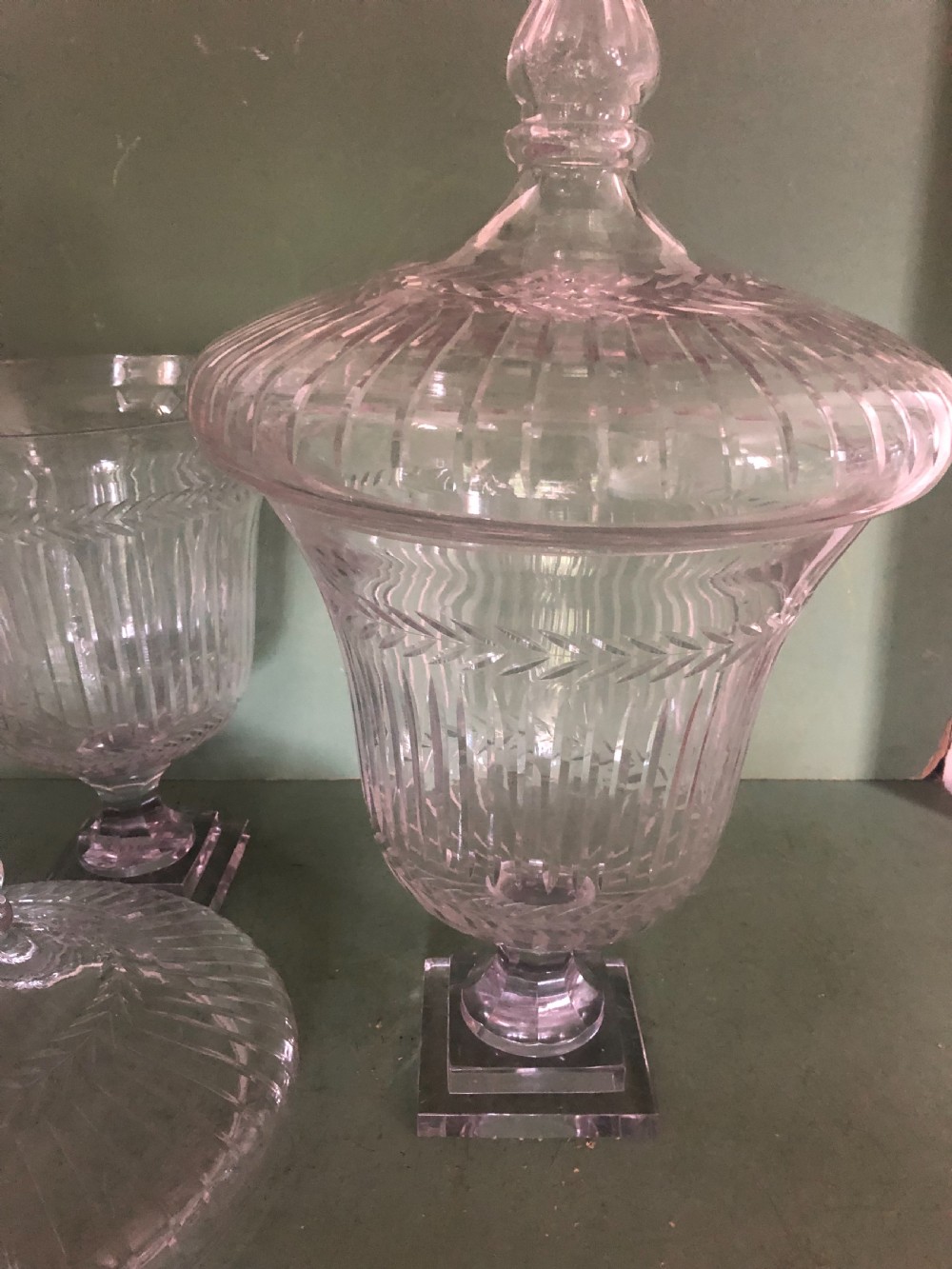 Impressive large-scale pair of early C19th Regency period cut-glass and etched ‘bon -bon’ jars or fruit-coolers . View VI