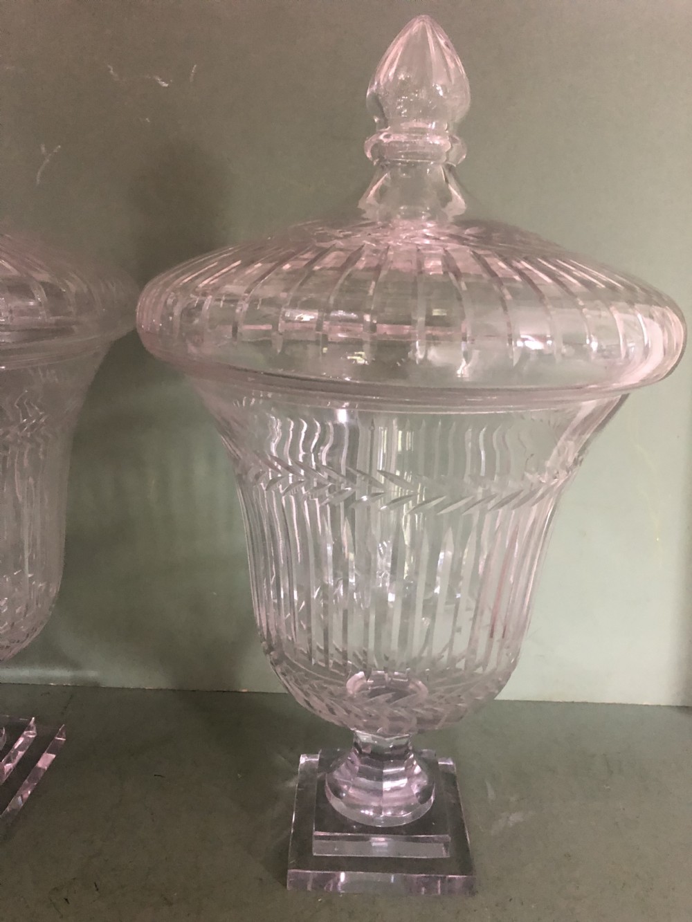 Impressive large-scale pair of early C19th Regency period cut-glass and etched ‘bon -bon’ jars or fruit-coolers . View XVIII
