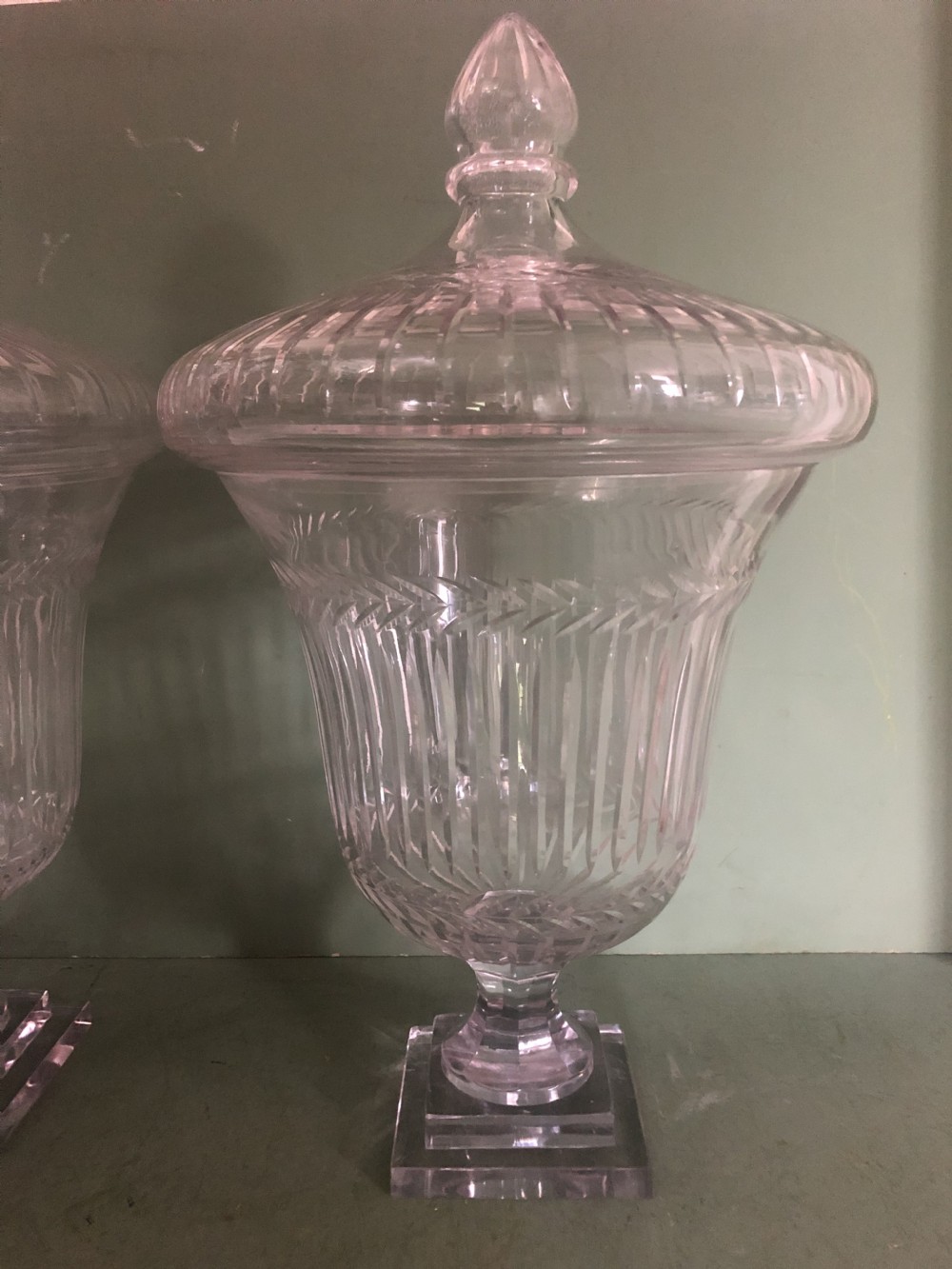 Impressive large-scale pair of early C19th Regency period cut-glass and etched ‘bon -bon’ jars or fruit-coolers . View XX