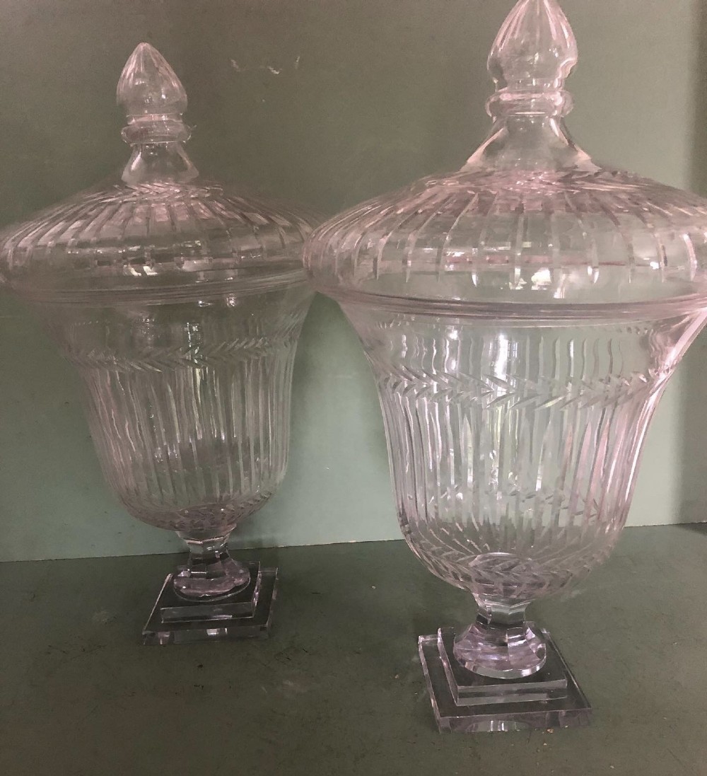 Impressive large-scale pair of early C19th Regency period cut-glass and etched ‘bon -bon’ jars or fruit-coolers .