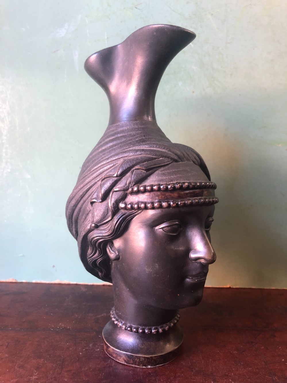 Unusual C19th bronze Etruscan style  ‘Grand Tour’ souvenir type ewer modelled as a bust study of a goddess or perhaps a Vestal Virgin.  View II