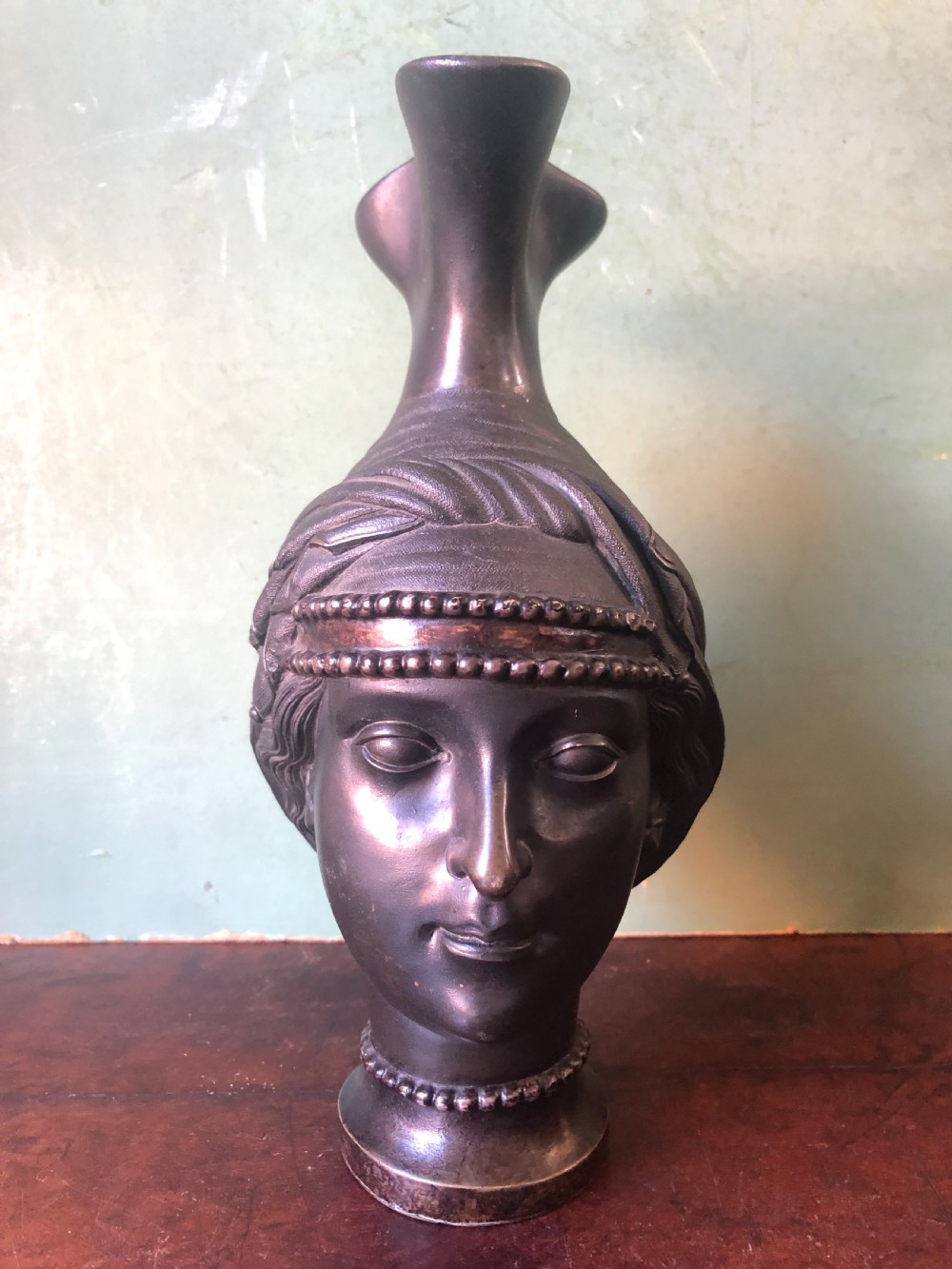 Unusual C19th bronze Etruscan style  ‘Grand Tour’ souvenir type ewer modelled as a bust study of a goddess or perhaps a Vestal Virgin.  View III