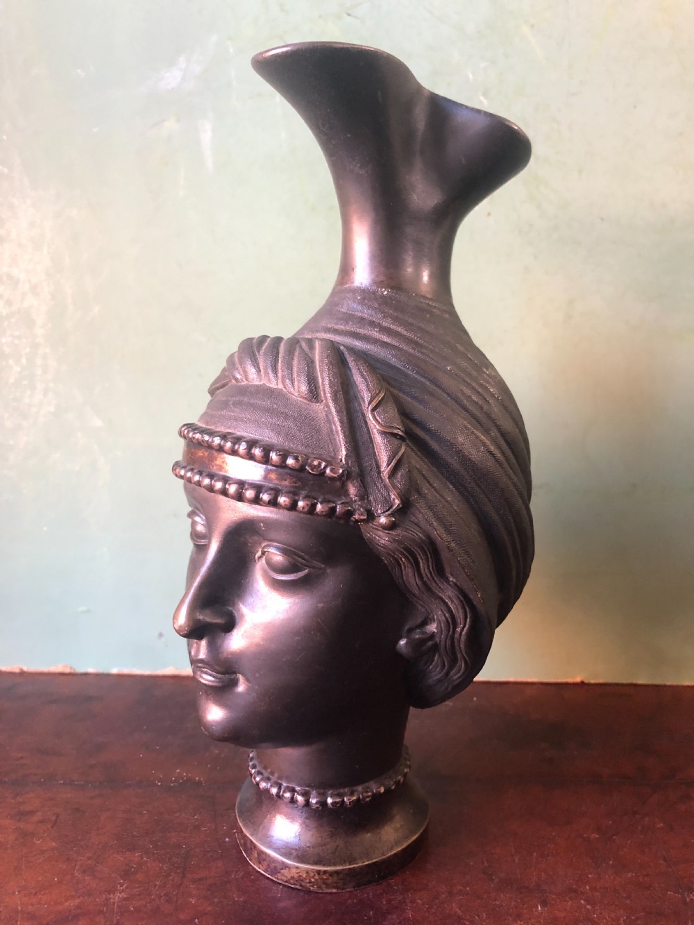 Unusual C19th bronze Etruscan style  ‘Grand Tour’ souvenir type ewer modelled as a bust study of a goddess or perhaps a Vestal Virgin.  View IV
