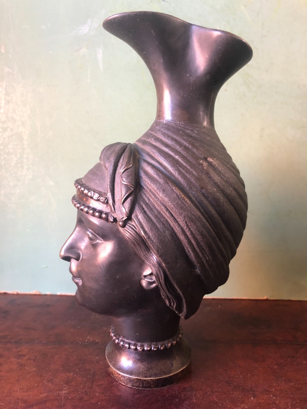 Unusual C19th bronze Etruscan style  ‘Grand Tour’ souvenir type ewer modelled as a bust study of a goddess or perhaps a Vestal Virgin.  View V