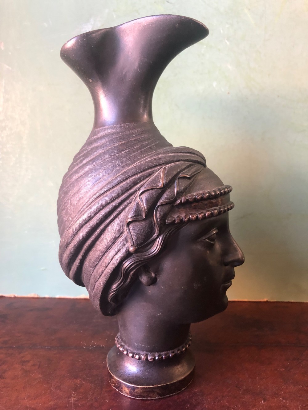Unusual C19th bronze Etruscan style  ‘Grand Tour’ souvenir type ewer modelled as a bust study of a goddess or perhaps a Vestal Virgin.  View IX