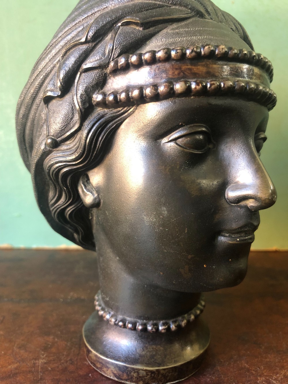 Unusual C19th bronze Etruscan style  ‘Grand Tour’ souvenir type ewer modelled as a bust study of a goddess or perhaps a Vestal Virgin.  View X