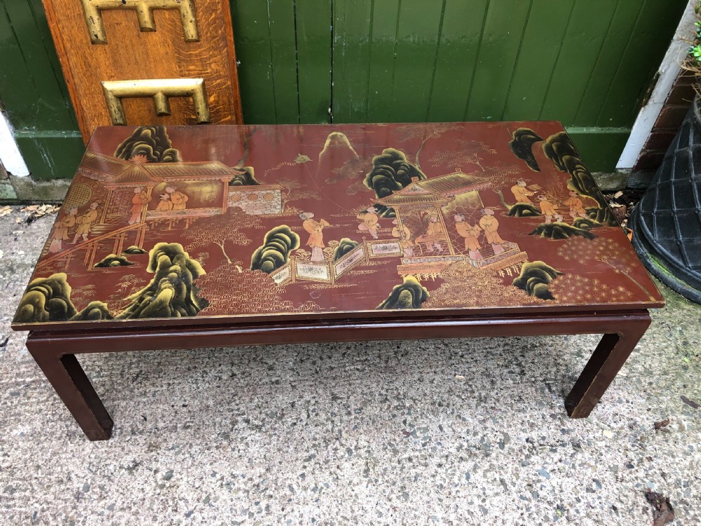 Highly decorative mid C20th Chinoiserie lacquer low rectangular reception or coffee table . View II