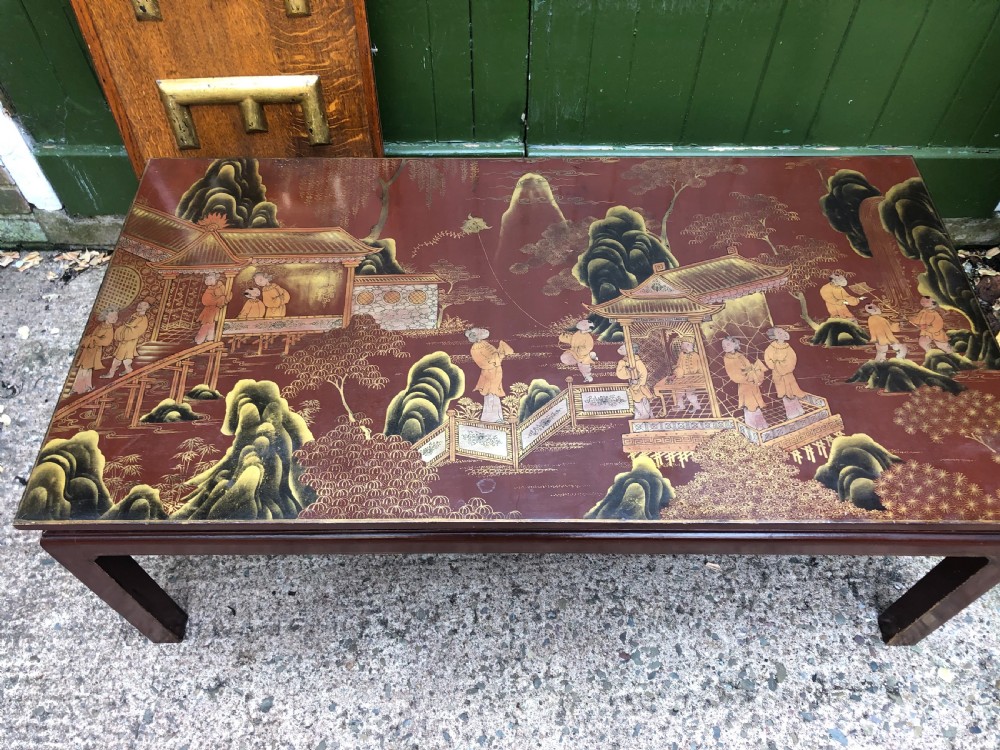 Highly decorative mid C20th Chinoiserie lacquer low rectangular reception or coffee table . View III