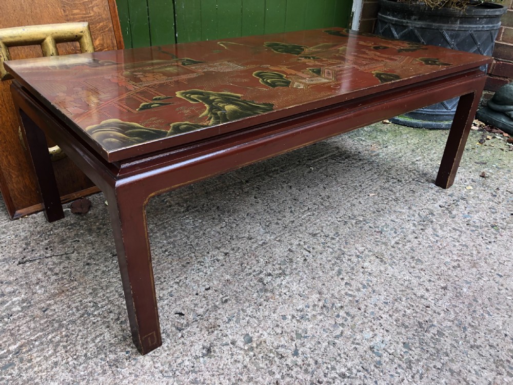 Highly decorative mid C20th Chinoiserie lacquer low rectangular reception or coffee table . View IV