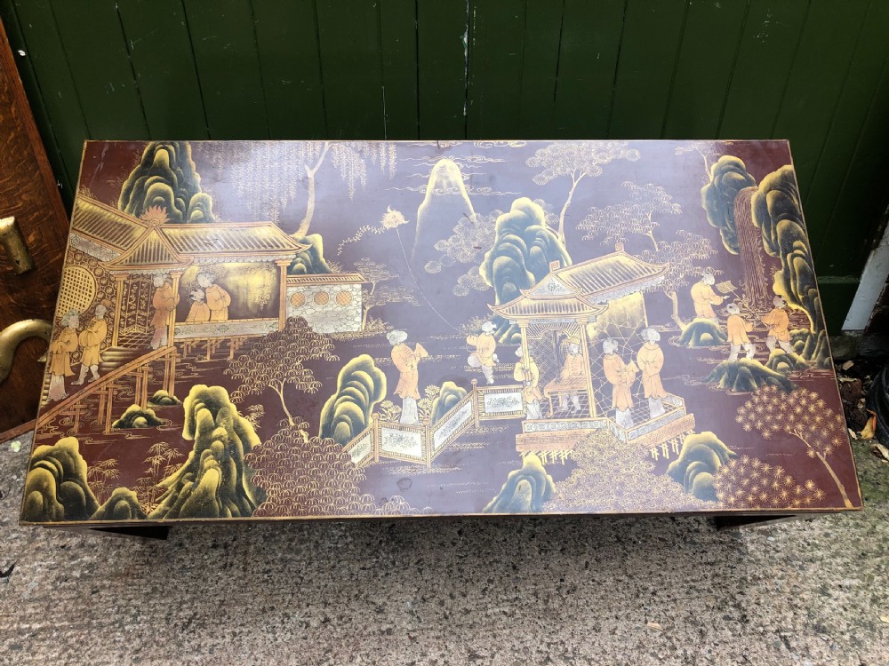 Highly decorative mid C20th Chinoiserie lacquer low rectangular reception or coffee table . View VI