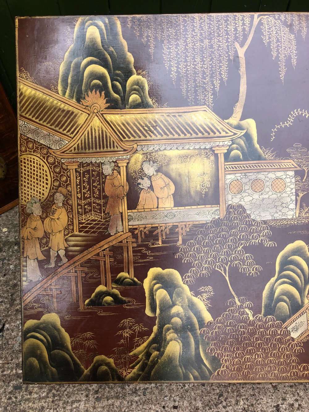 Highly decorative mid C20th Chinoiserie lacquer low rectangular reception or coffee table . View VII