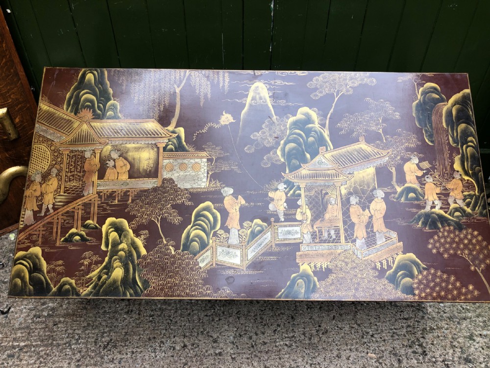 Highly decorative mid C20th Chinoiserie lacquer low rectangular reception or coffee table . View X