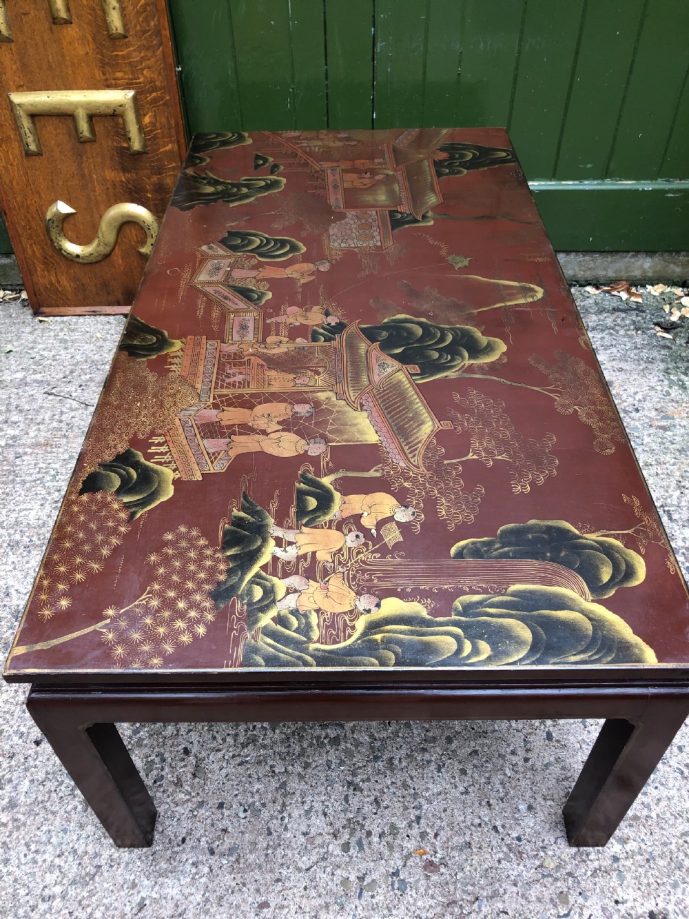 Highly decorative mid C20th Chinoiserie lacquer low rectangular reception or coffee table . View XI