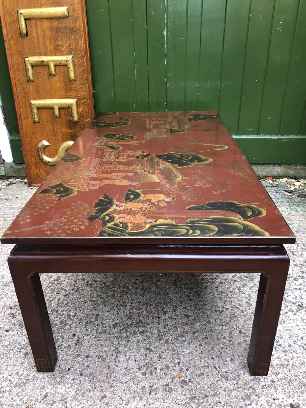 Highly decorative mid C20th Chinoiserie lacquer low rectangular reception or coffee table . View XII
