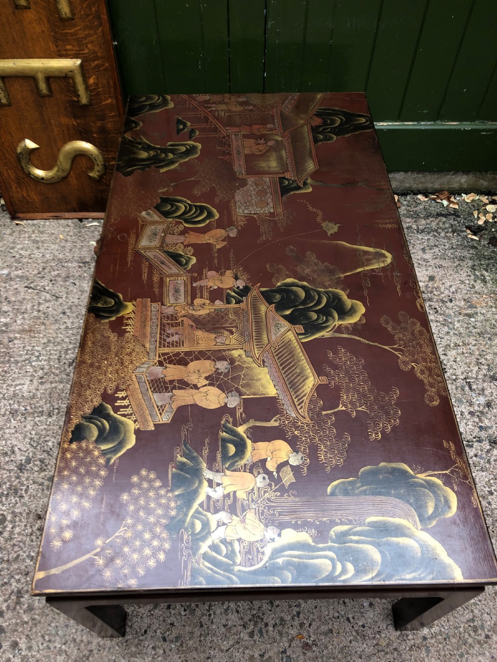 Highly decorative mid C20th Chinoiserie lacquer low rectangular reception or coffee table . View XIII