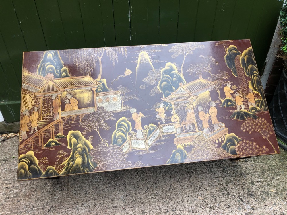 Highly decorative mid C20th Chinoiserie lacquer low rectangular reception or coffee table . View XV