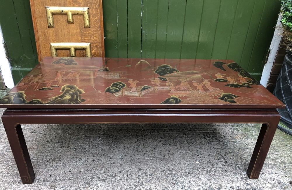Highly decorative mid C20th Chinoiserie lacquer low rectangular reception or coffee table .