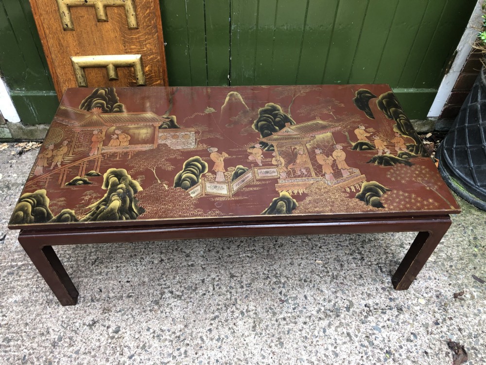 Highly decorative mid C20th Chinoiserie lacquer low rectangular reception or coffee table . View XVI