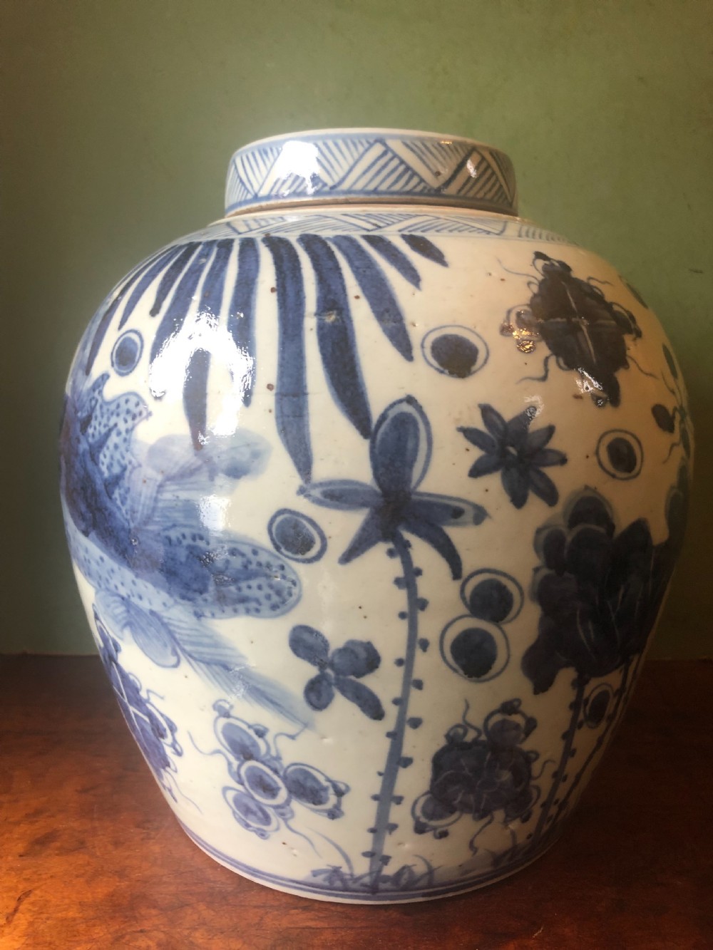 C19th Chinese Qing Dynasty blue and white porcelain ‘ginger’ jar and cover of good scale. View II