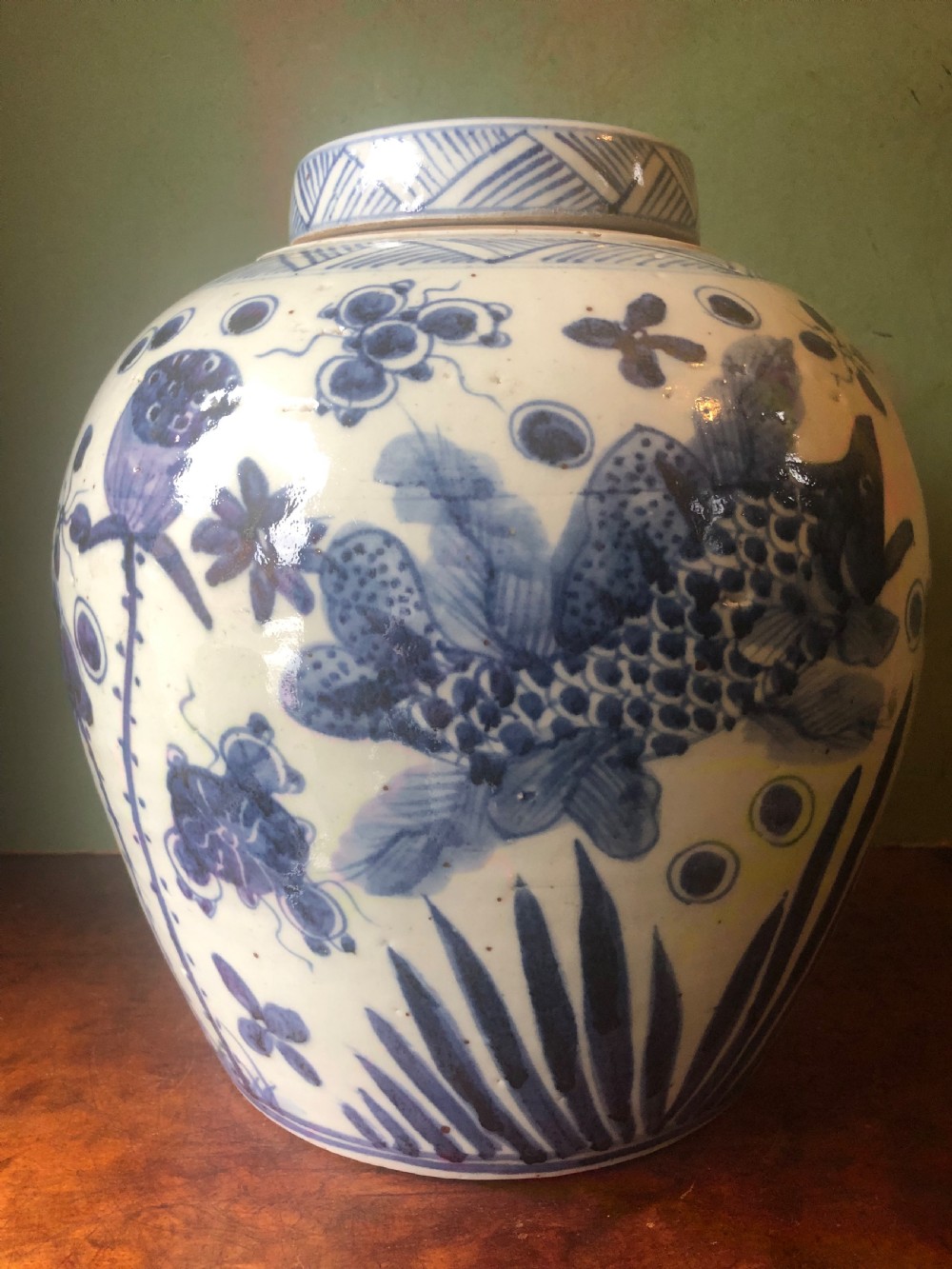C19th Chinese Qing Dynasty blue and white porcelain ‘ginger’ jar and cover of good scale. View III