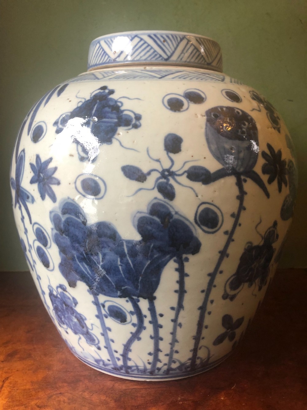 C19th Chinese Qing Dynasty blue and white porcelain ‘ginger’ jar and cover of good scale. View IV