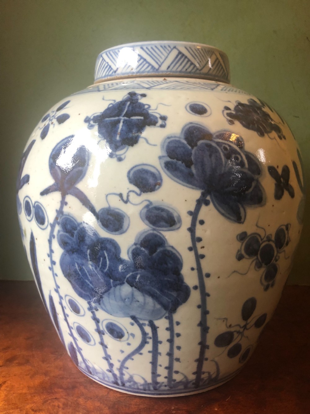 C19th Chinese Qing Dynasty blue and white porcelain ‘ginger’ jar and cover of good scale. View V