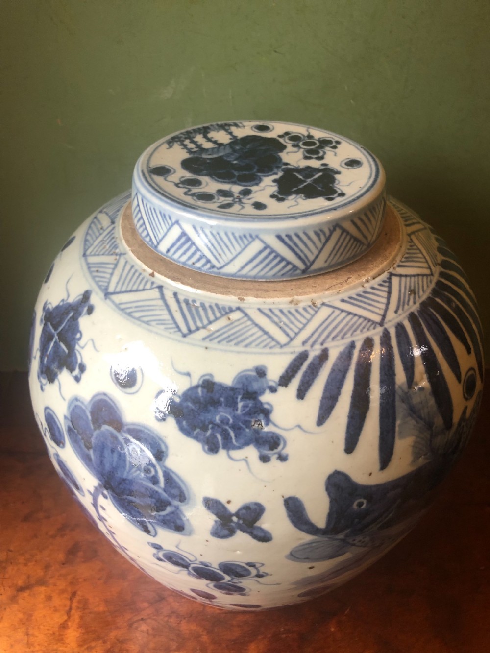 C19th Chinese Qing Dynasty blue and white porcelain ‘ginger’ jar and cover of good scale. View VI