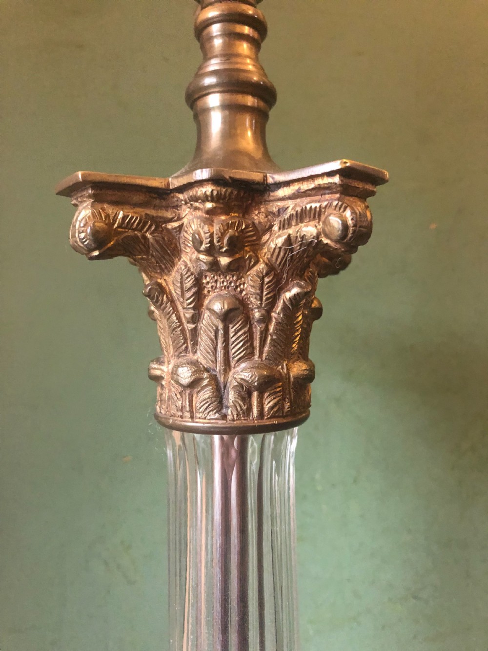 Pair of early C20th gilt-brass and glass corinthian column table lamps  View II