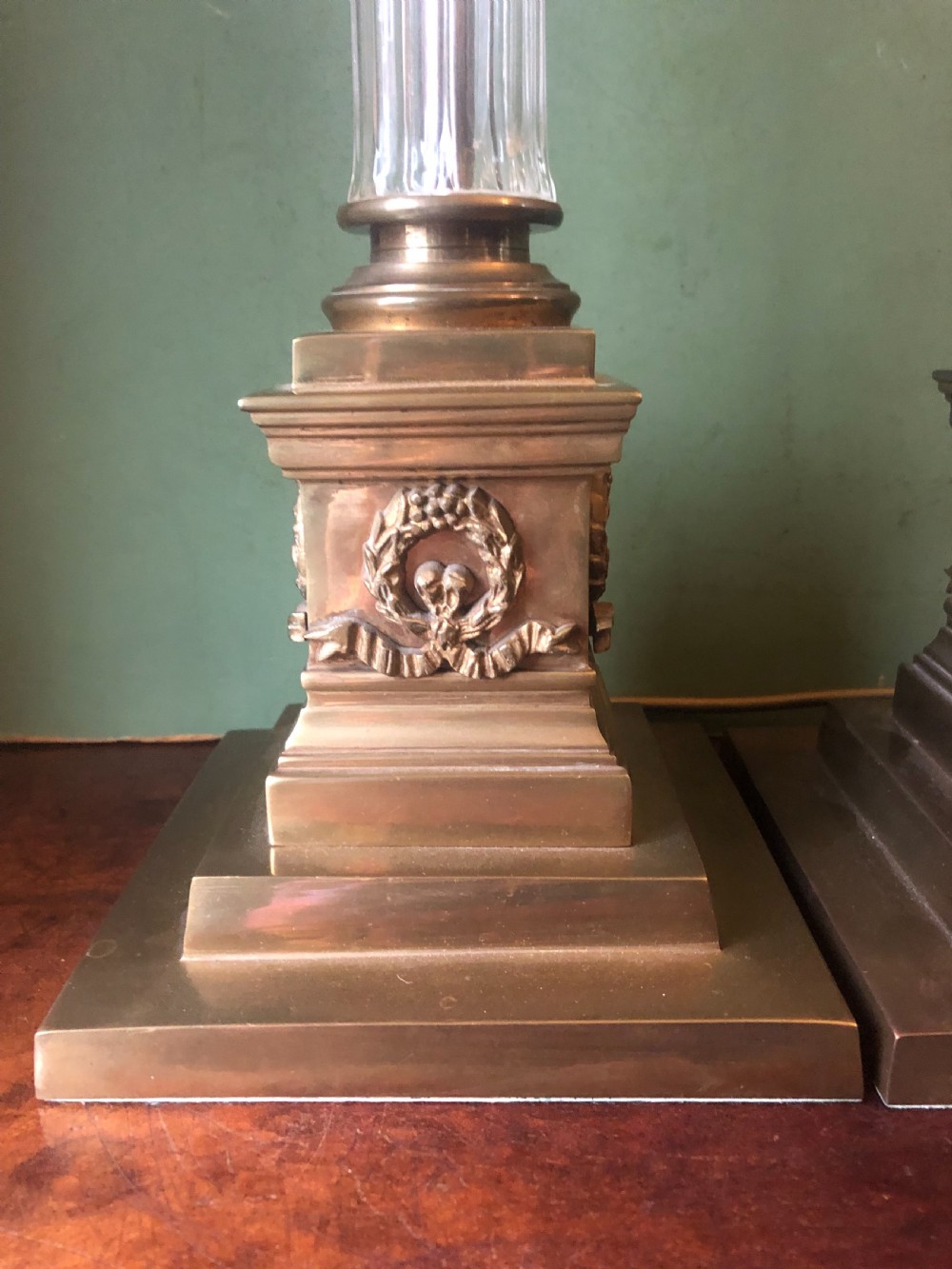 Pair of early C20th gilt-brass and glass corinthian column table lamps  View III