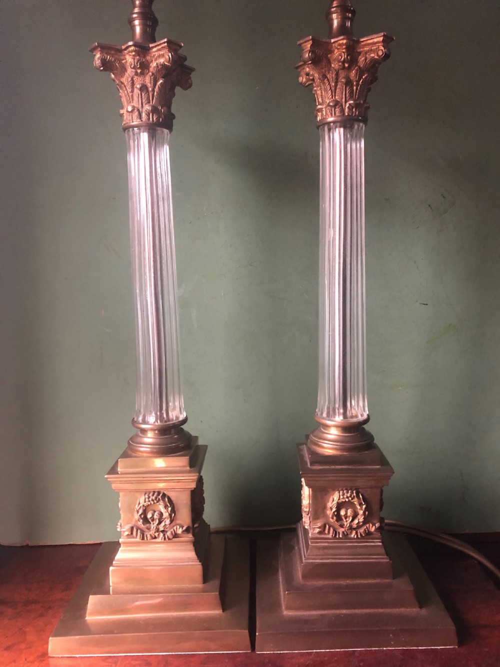 Pair of early C20th gilt-brass and glass corinthian column table lamps  View IV