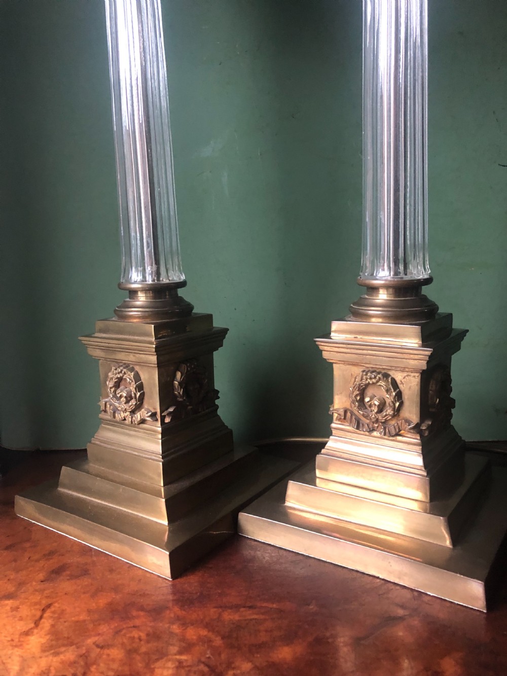 Pair of early C20th gilt-brass and glass corinthian column table lamps  View V