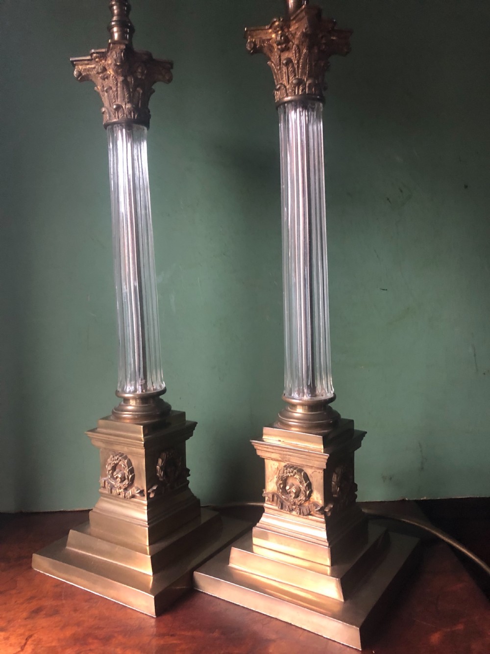 Pair of early C20th gilt-brass and glass corinthian column table lamps  View VI