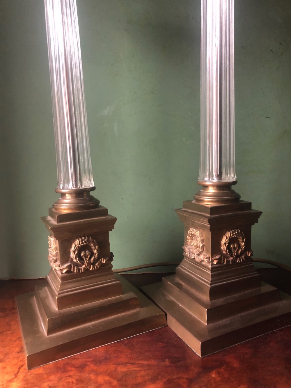 Pair of early C20th gilt-brass and glass corinthian column table lamps  View VIII