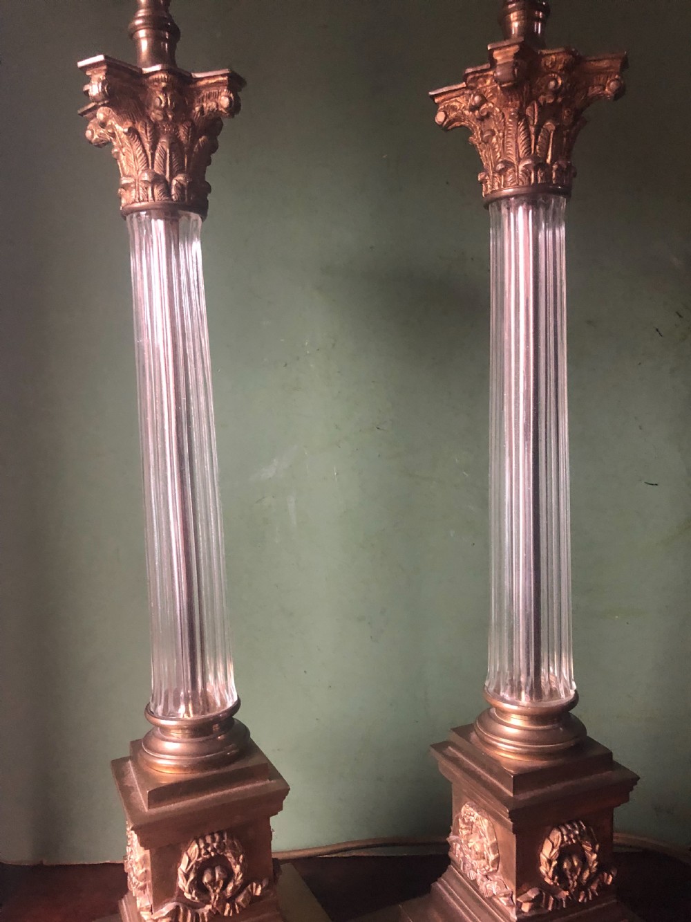 Pair of early C20th gilt-brass and glass corinthian column table lamps  View IX
