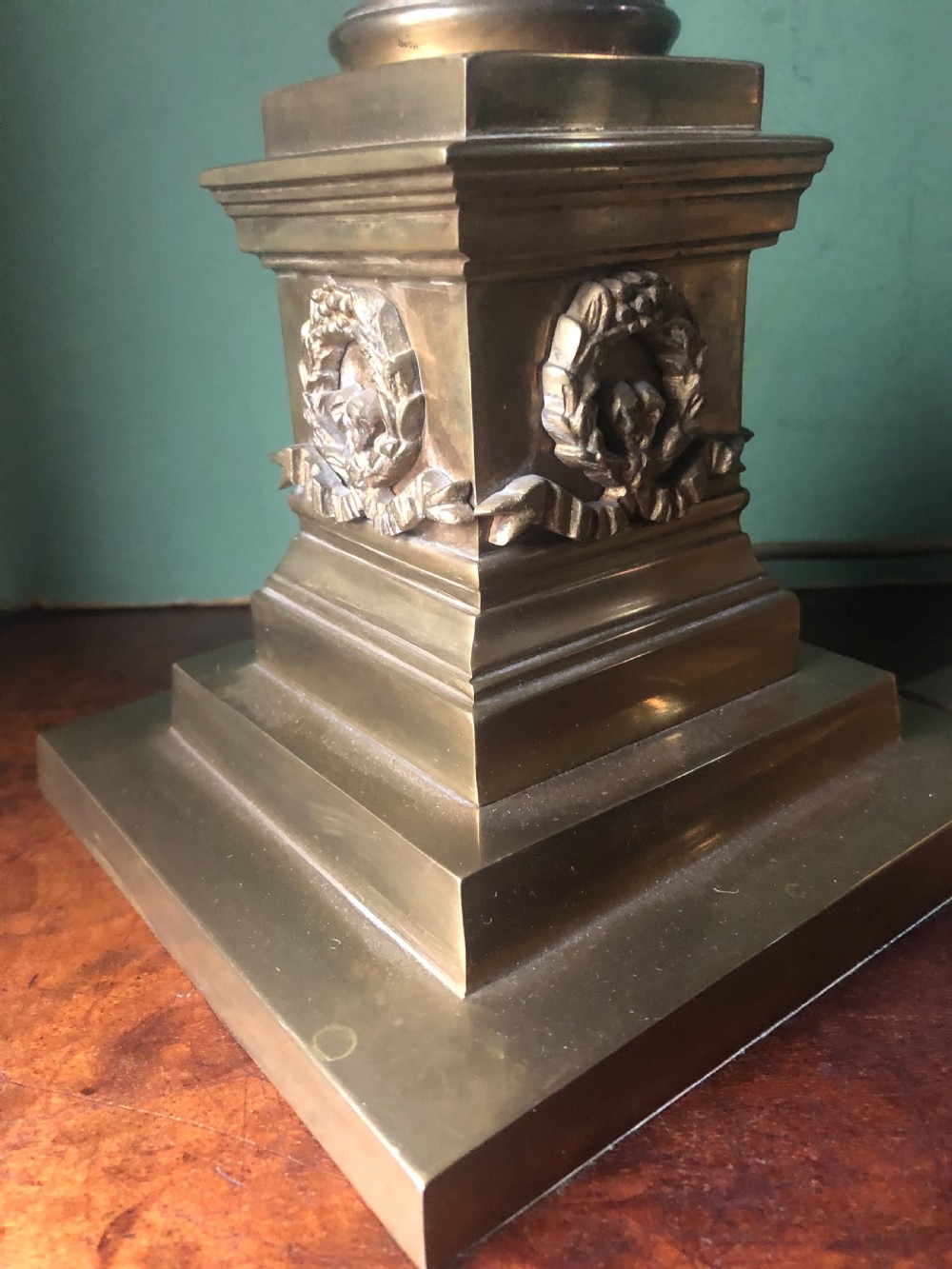 Pair of early C20th gilt-brass and glass corinthian column table lamps  View X