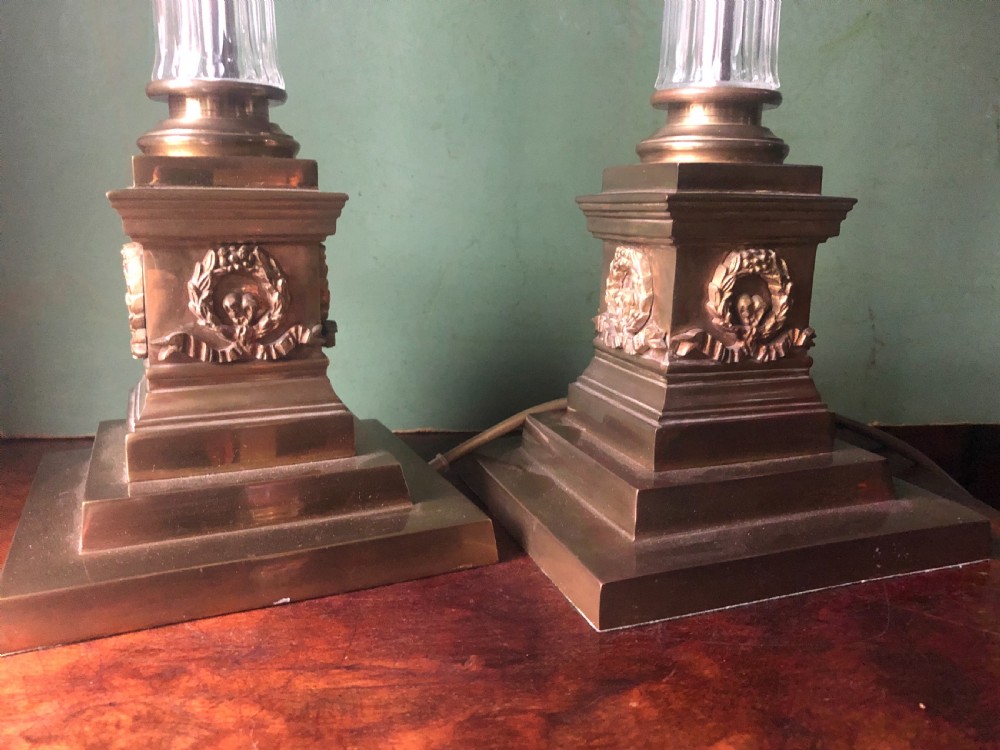 Pair of early C20th gilt-brass and glass corinthian column table lamps  View XII