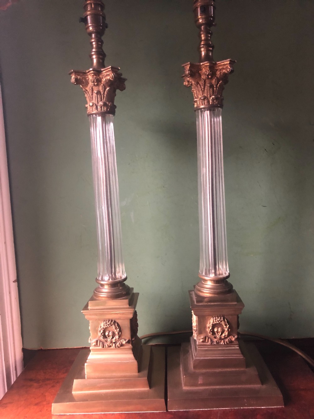 Pair of early C20th gilt-brass and glass corinthian column table lamps  View XIII