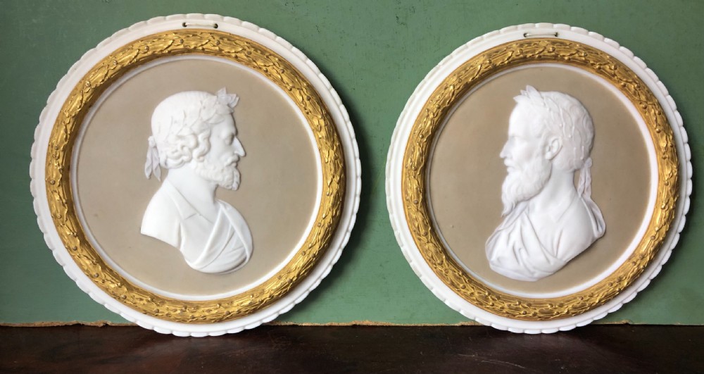 Pair of late C19th Italian bisque porcelain portrait roundels or tondos ,of Renaissance poets .