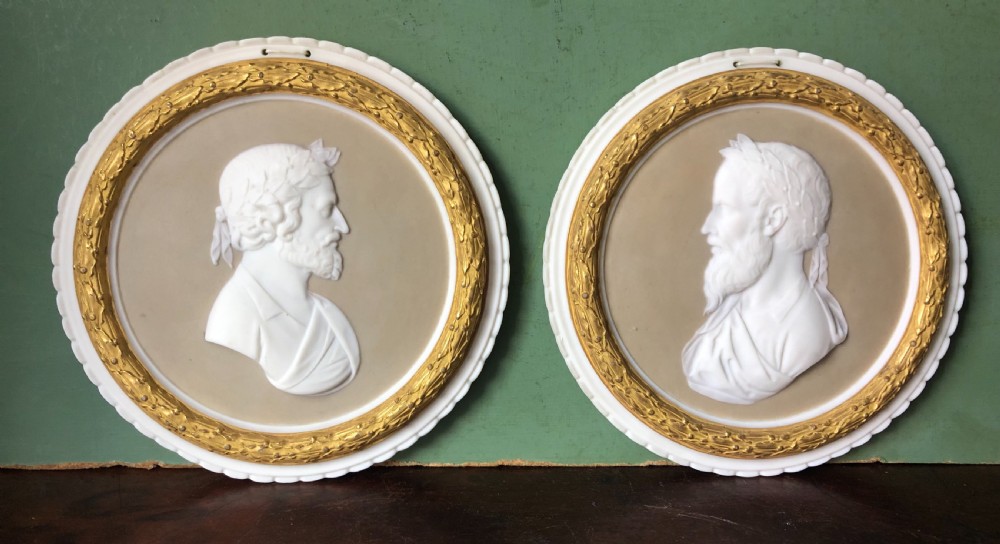 Pair of late C19th Italian bisque porcelain portrait roundels or tondos ,of Renaissance poets . View II