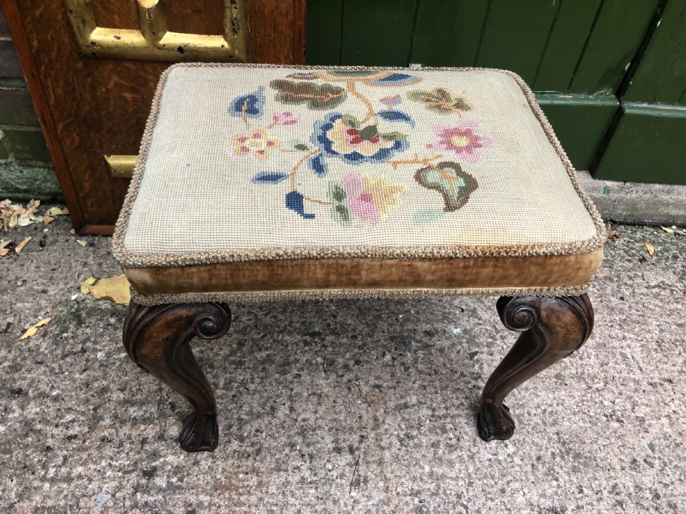 Early C20th George I period revival cabriole leg rectangular walnut stool with embroidered tapestry covered seat . View II