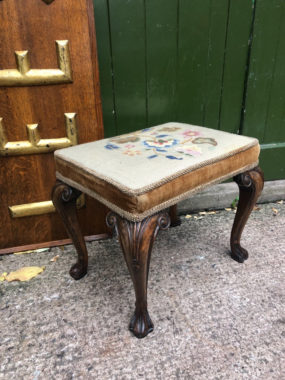 Early C20th George I period revival cabriole leg rectangular walnut stool with embroidered tapestry covered seat . View III