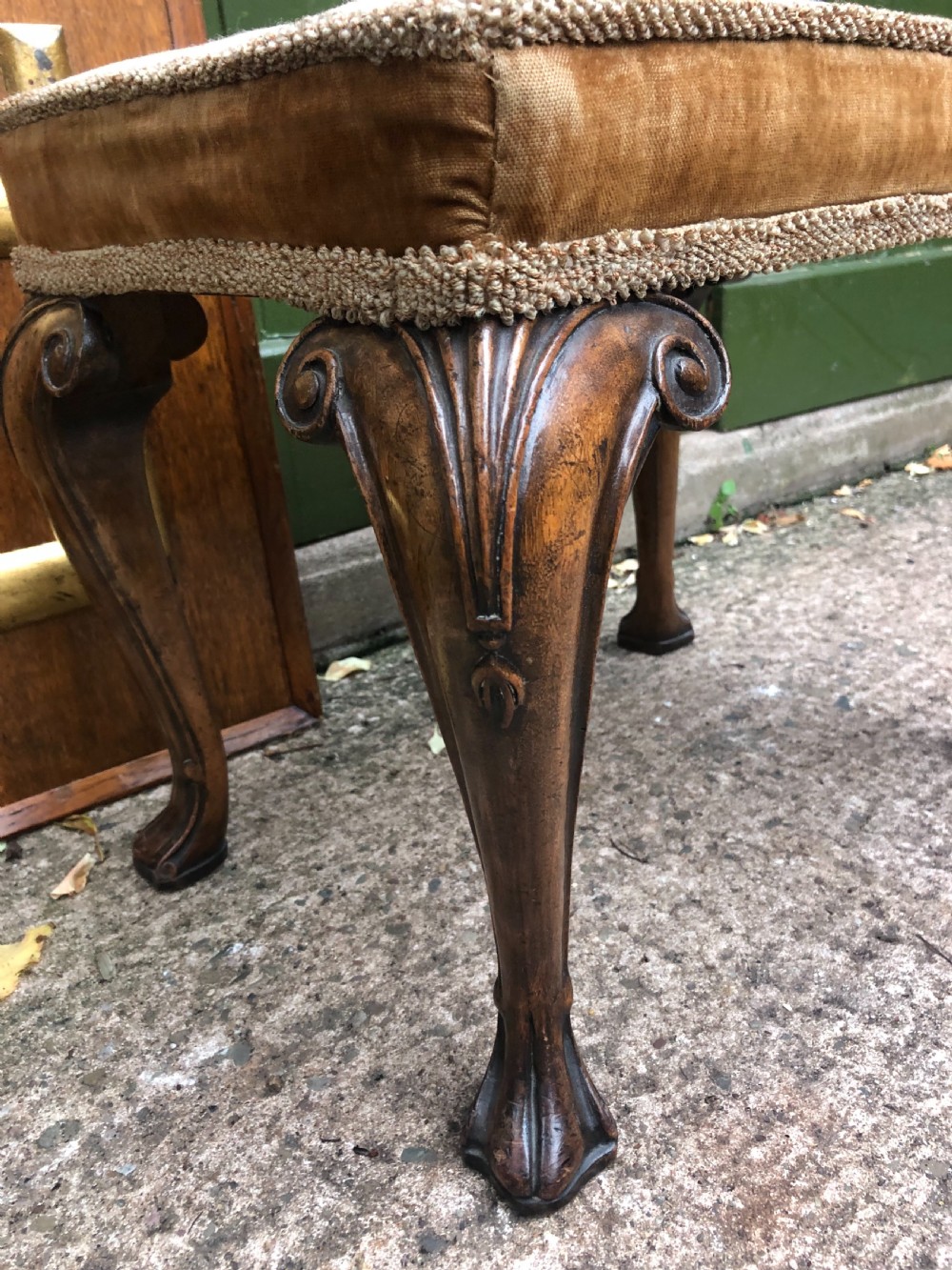 Early C20th George I period revival cabriole leg rectangular walnut stool with embroidered tapestry covered seat . View IV