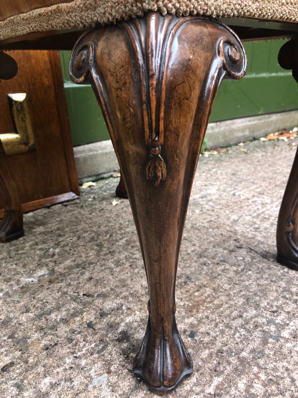 Early C20th George I period revival cabriole leg rectangular walnut stool with embroidered tapestry covered seat . View V