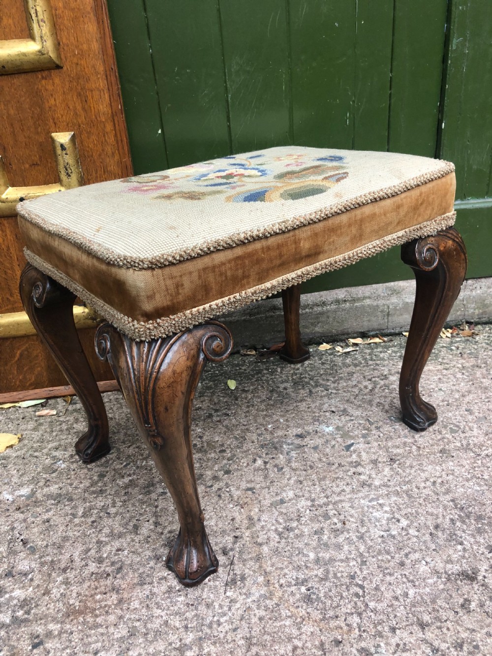 Early C20th George I period revival cabriole leg rectangular walnut stool with embroidered tapestry covered seat . View VI